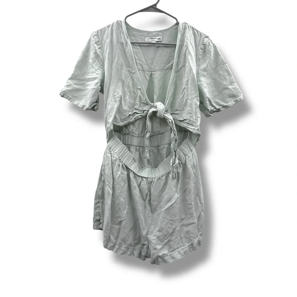 Thakoon Mint Green Romper Women’s Size 10 Linen‎ Blend Tie Front Elastic Waist - Picture 3 of 13